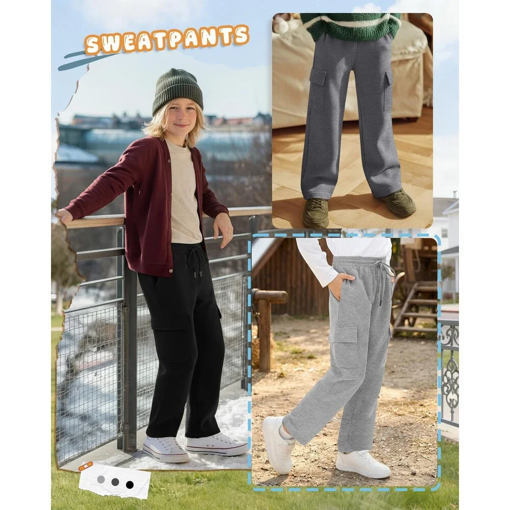 LessonZoo Boys' Gray Dark 3 Pack Cargo Sweatpants Drawstring Elastic Waist M
